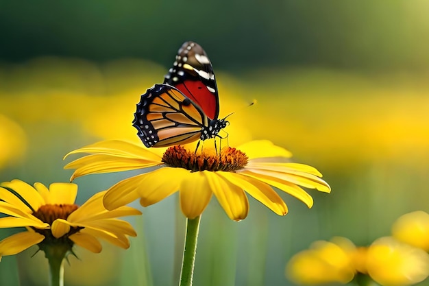 A butterfly on a flower with a green background