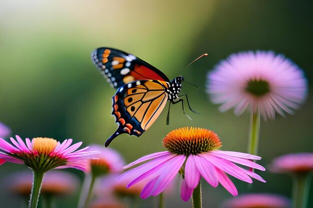 A butterfly on a flower with a green background