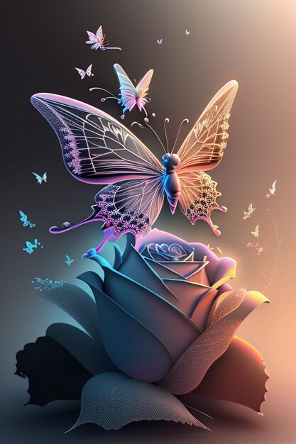 A butterfly on a flower with a pink background