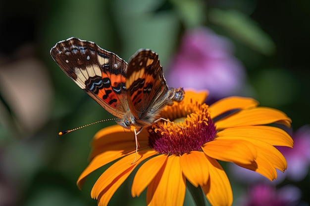 A butterfly on a flower with a pink background