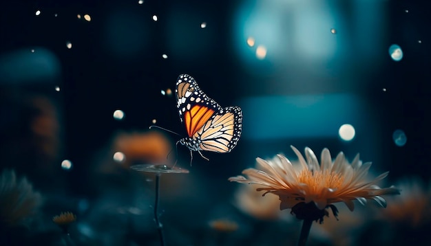 A butterfly on a flower with rain drops