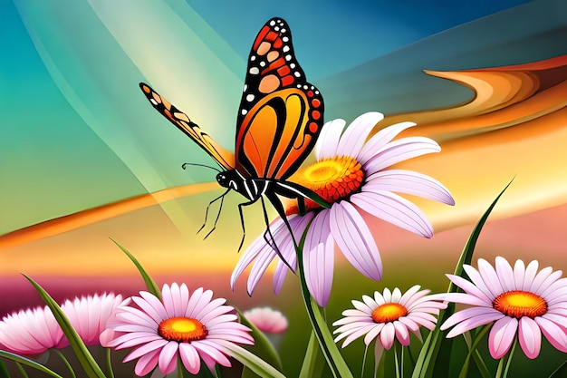 A butterfly on a flower with a rainbow in the background.