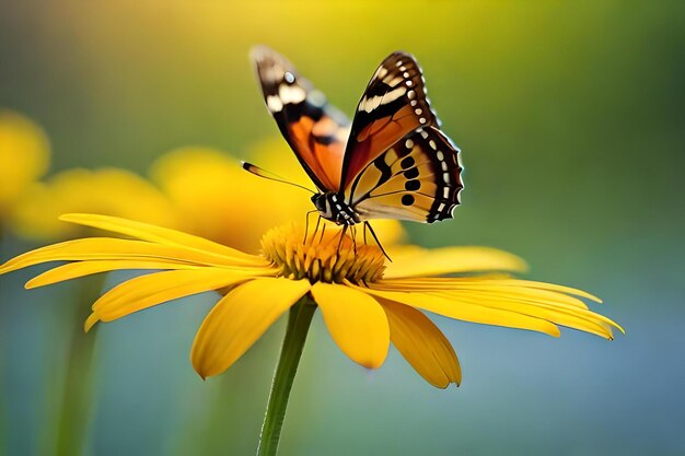 A butterfly on a flower with the sun behind it