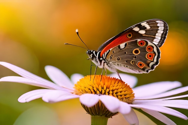 a butterfly on a flower with the sun behind it