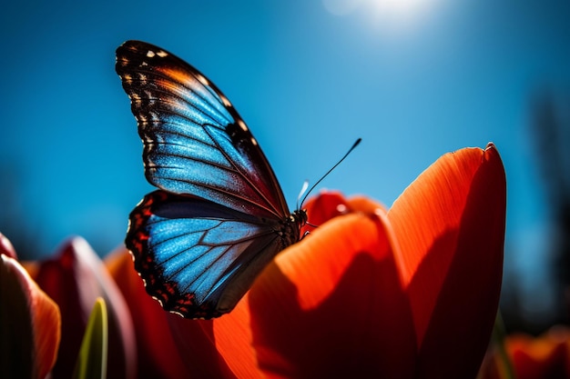 A butterfly on a flower with the sun shining on it.