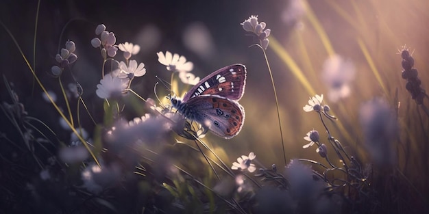 A butterfly on a flower with the sun shining on it