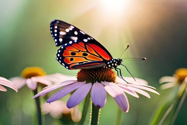 A butterfly on a flower with the sun shining on it.