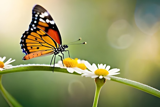 モナークと書かれた花にとまる蝶