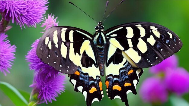 A butterfly on a flower with the word swallowtail on it