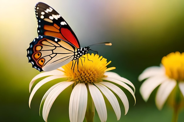 A butterfly on a flower with a yellow center.