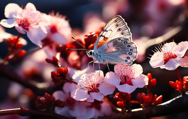 butterfly on flowers against the sun