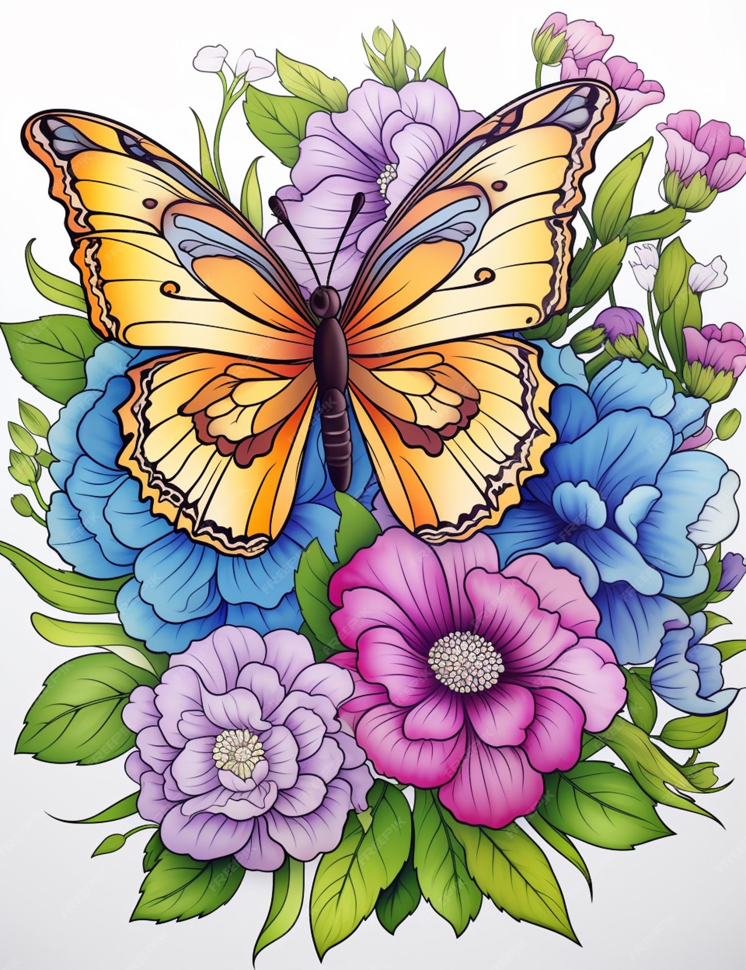 Premium AI Image | Butterfly and flowers coloring page generative ai