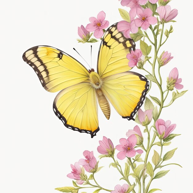 Photo butterfly and flowers isolated on white background watercolor illustration