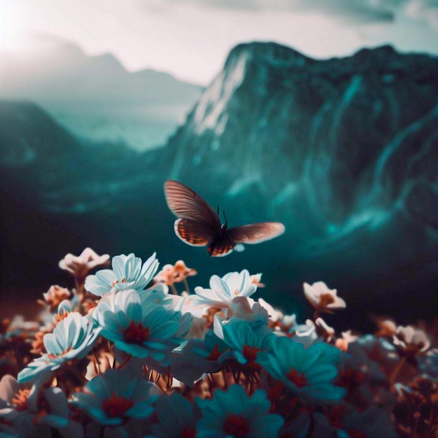 Butterfly on flowers next to mountains