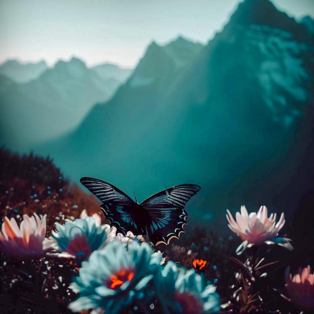Foto farfalla sui fiori accanto alle montagne