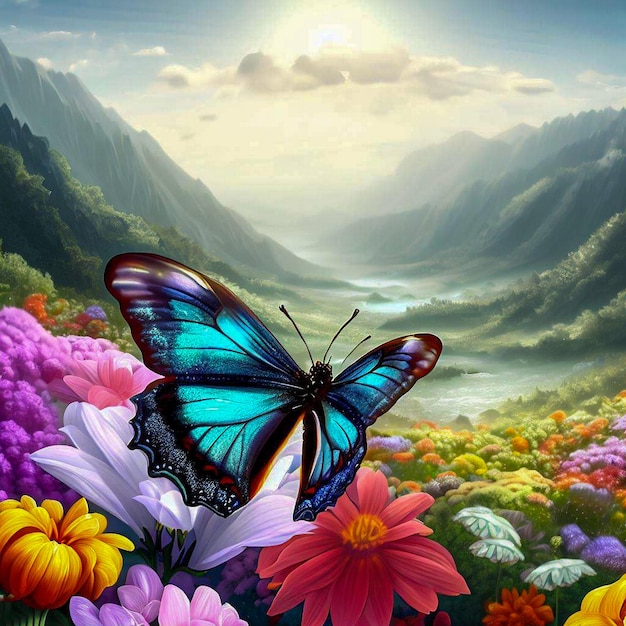 butterfly on flowers next to mountains