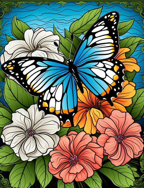 Butterfly and flowers stained glass panel generative ai