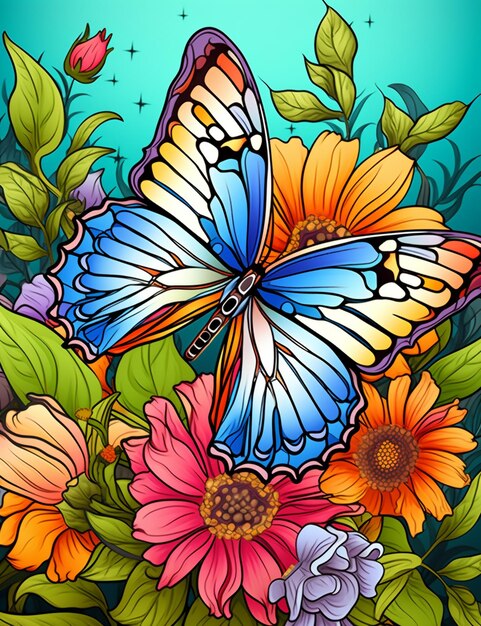 Butterfly and flowers with a blue background generative ai