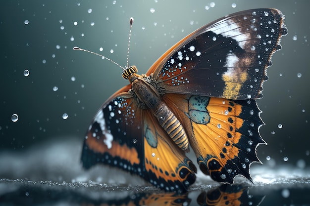 Butterfly fluttering against snowy backdrop with droplets of water on its wings