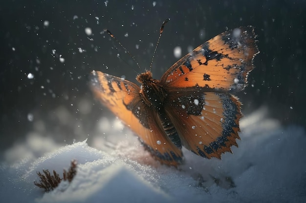 Butterfly fluttering in blizzard its wings glistening with snow