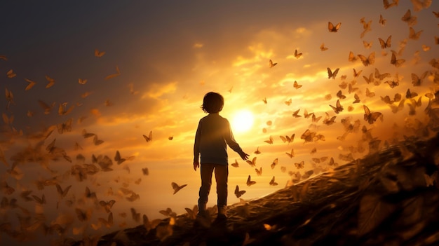 蝶が少年と太陽の近くを飛び回り 永遠の変化と更新の輝きを放つ