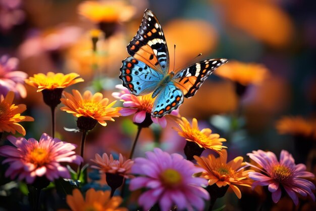 a butterfly flying over a field of flowers