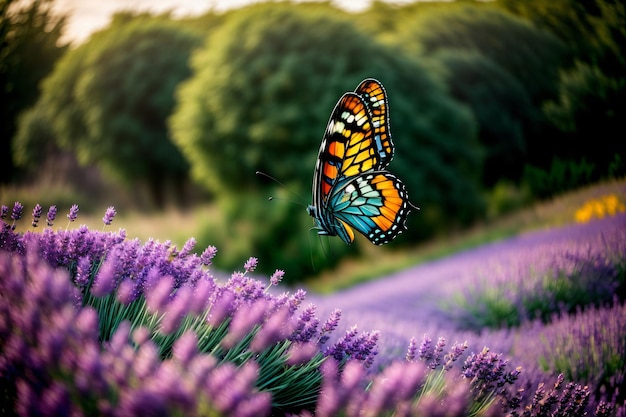 A butterfly flying over a field of purple flowers