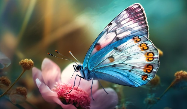 A butterfly flying over a flower