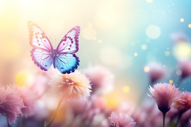 a butterfly flying over flowers