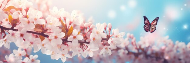 Butterfly Flying Over Tree With White Flowers