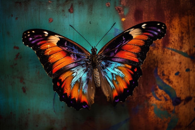 A butterfly in front of a colorful background