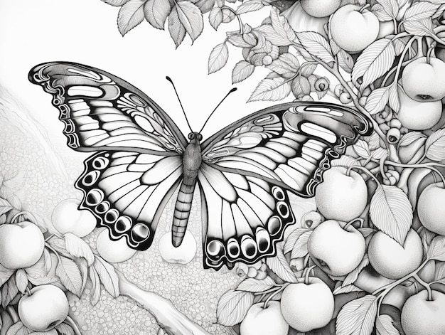 Butterfly and fruit drawing by artist generative ai