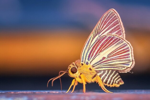 a butterfly on a glass table with a sunset in the background