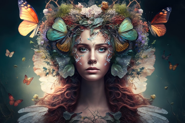 Butterfly Goddess surreal portrait of a woman with butterfly wings and a crown of flowers