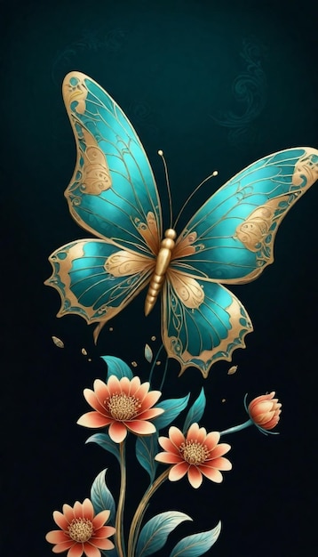 金色と青い背景の蝶