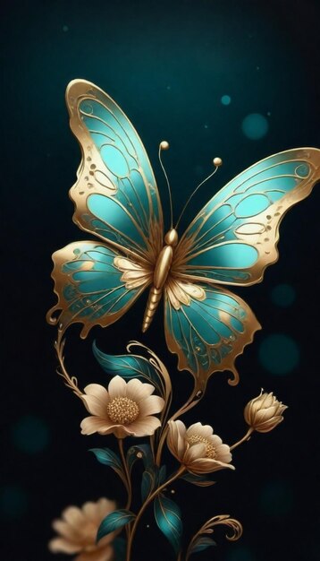 a butterfly on a gold and blue background