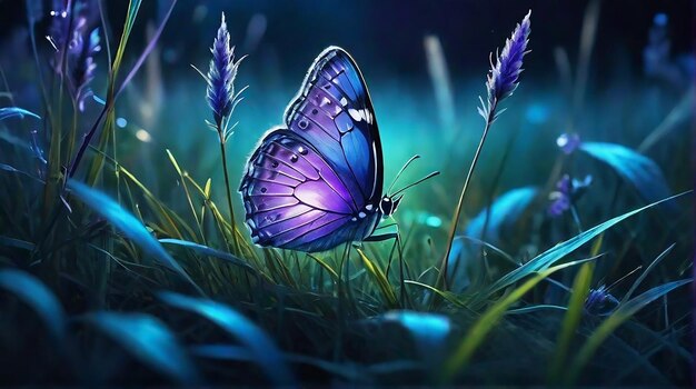 Photo butterfly in the grass on a meadow at night in the shining moonlight generated by ai