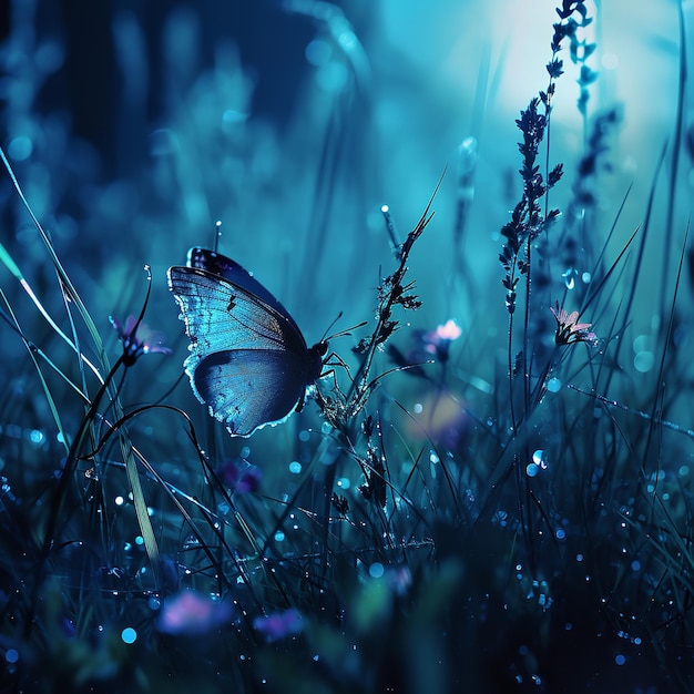 Butterfly in the grass on a meadow at night in the shining moonlight on nature in blue Ai generative