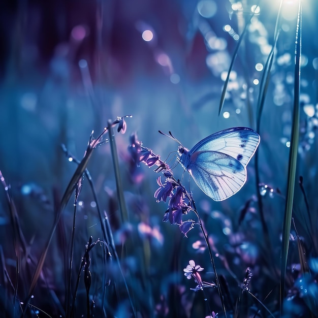 밤에는 풀에 있는 나비, 달빛에 빛나는 자연, 파란색에 빛나는 Ai Generative.