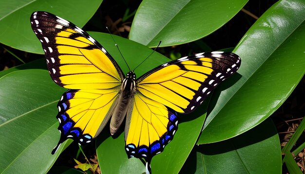 Butterfly on green leaf with copy space using as background or wallpaper nature concept