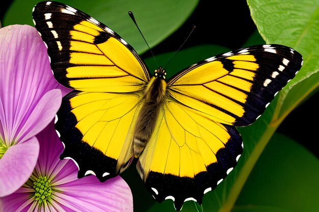 Butterfly on green leaf with copy space using as background or wallpaper nature concept