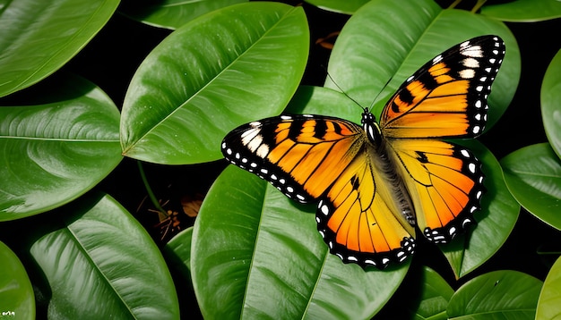 Бабочка на зеленом листе с копировальным пространством в качестве фона или концепции природы обоев