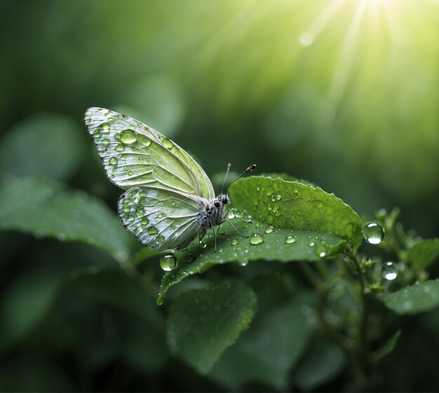 Butterfly on green leaf with sunbeams and copy space