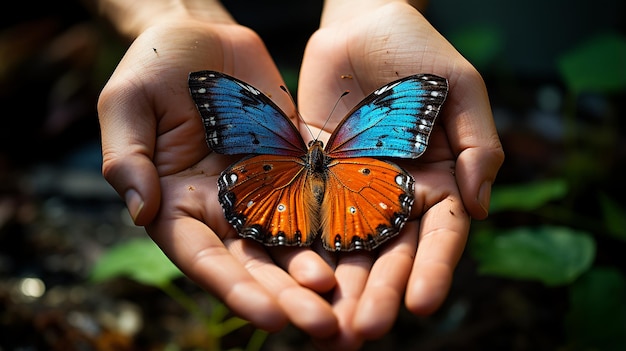 Butterfly in Hand on Grass