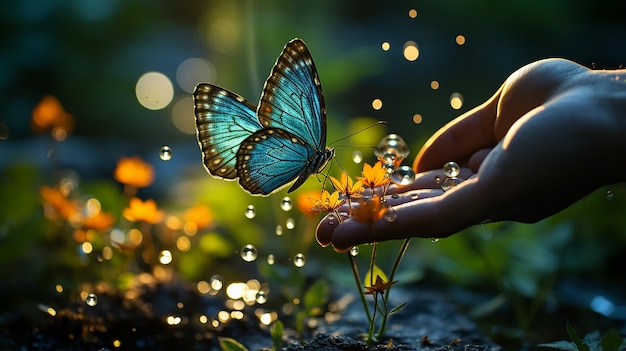 butterfly in hand on grass