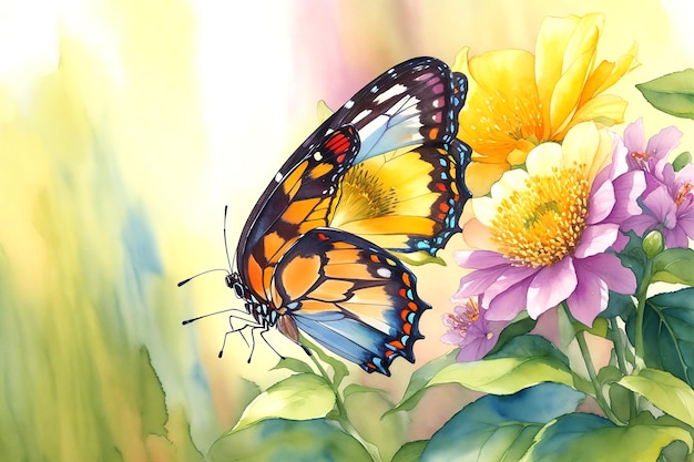 Butterfly illustration with floral art watercolor painting illustration on white background