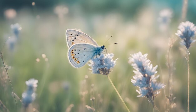 a butterfly is on a flower in the grass