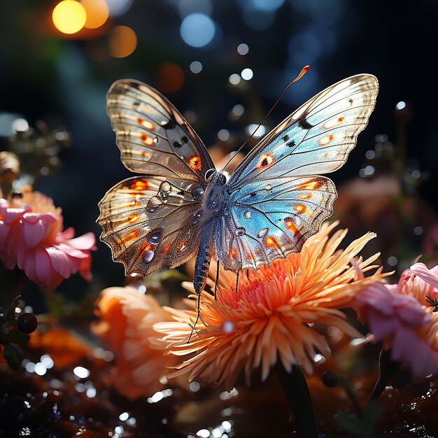 a butterfly is on a flower with the light behind it.