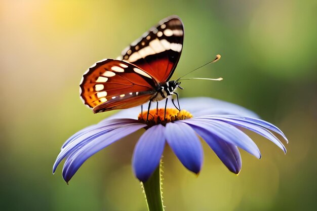 A butterfly is on a flower with the sun behind it