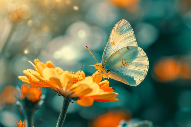 蝶が花の上にいて太陽が輝いています